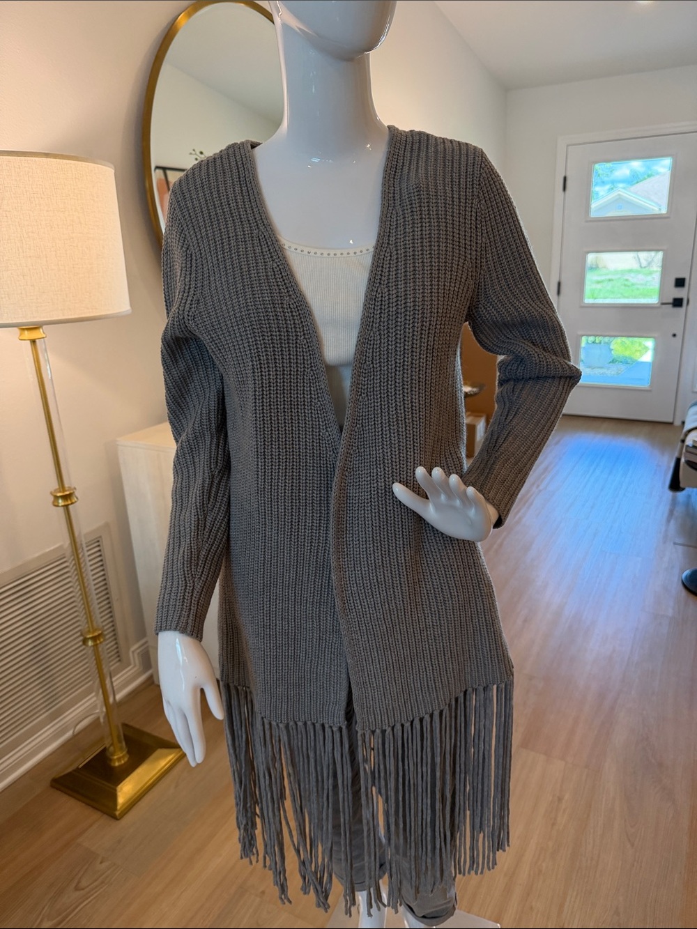 Daisy Fuentes Gray Open-Front Fringe Hem Cardigan